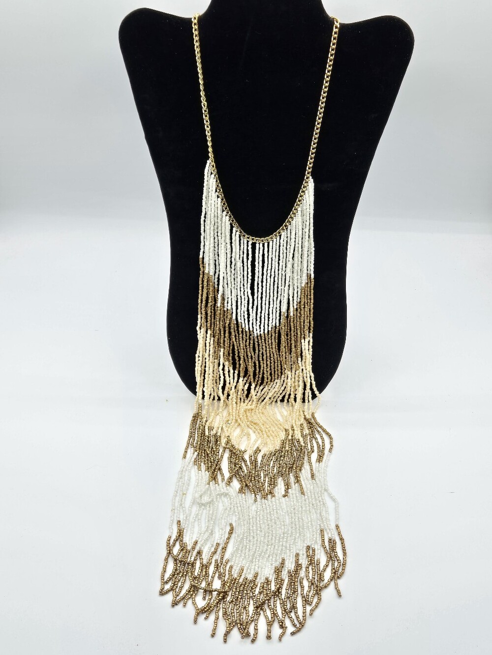 VINTAGE Statement Necklace Seed Beads Cream Bronze White Gold Tone